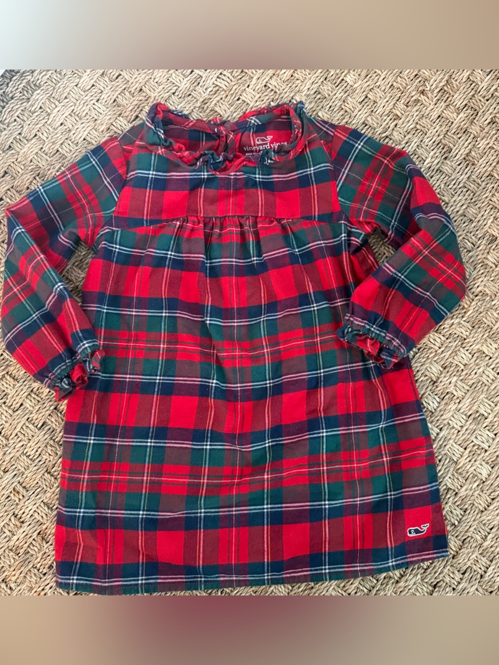 Vineyard Vines Girls' Red & Green Plaid Holiday Ruffle Neck Dress